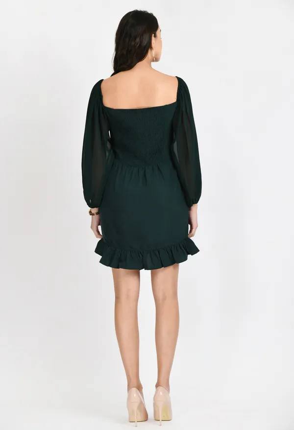 Green_Crepe_Sheath_Puff_Sleeves_Dress