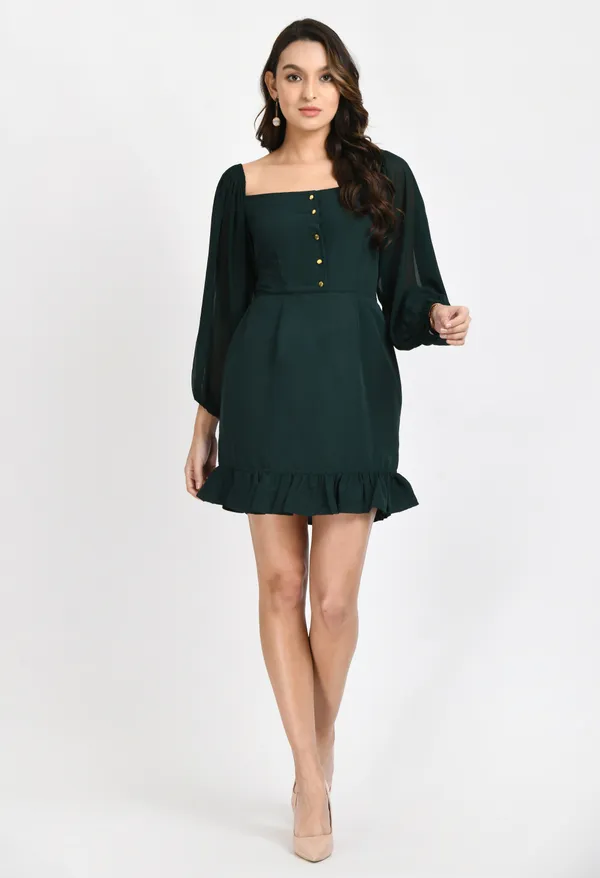 Green_Crepe_Sheath_Puff_Sleeves_Dress
