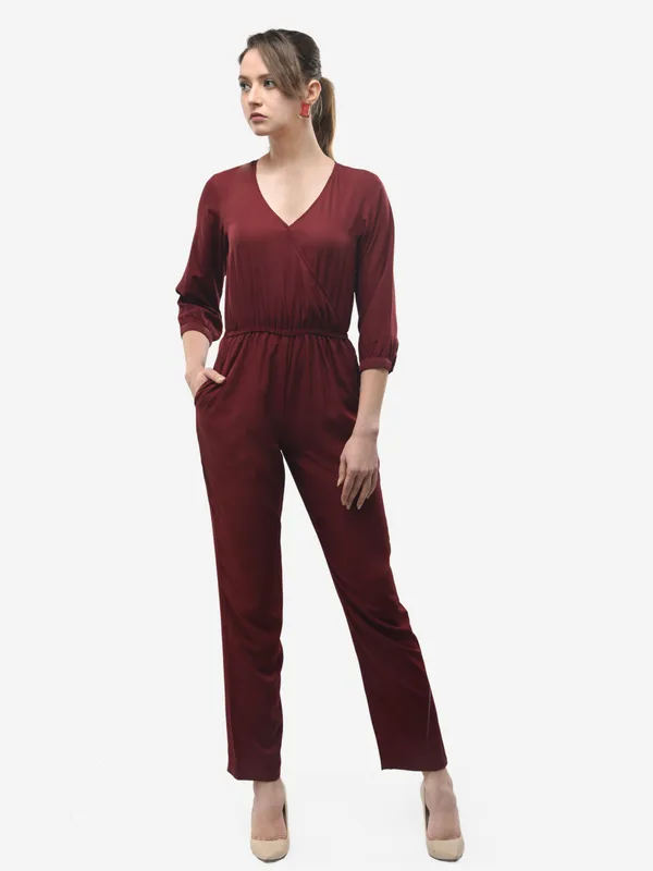 Maroon_Wrap_Design_V-Neck_Formal_3/4_Sleeves_Jumpsuit_For_Women