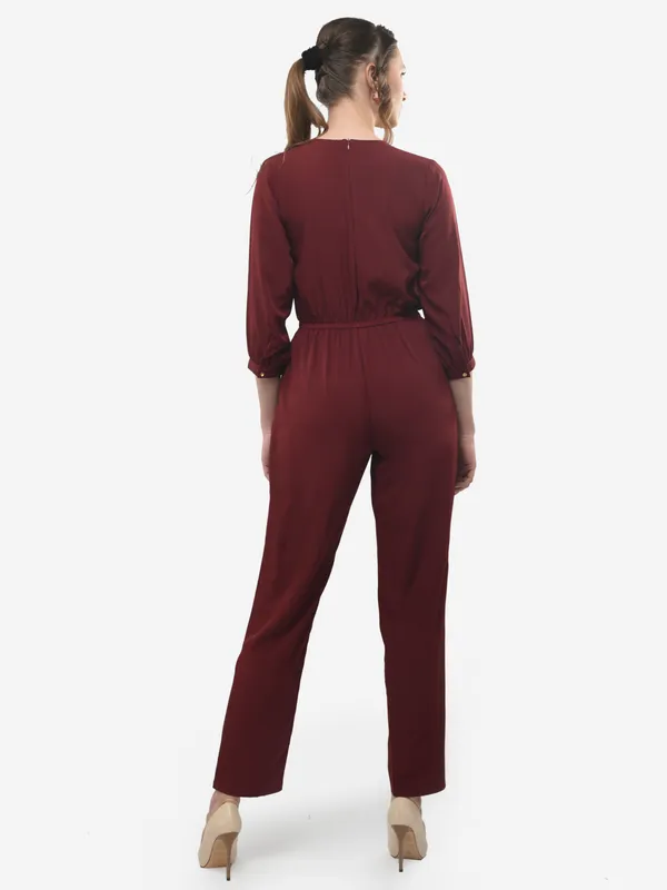 Maroon_Wrap_Design_V-Neck_Formal_3/4_Sleeves_Jumpsuit_For_Women