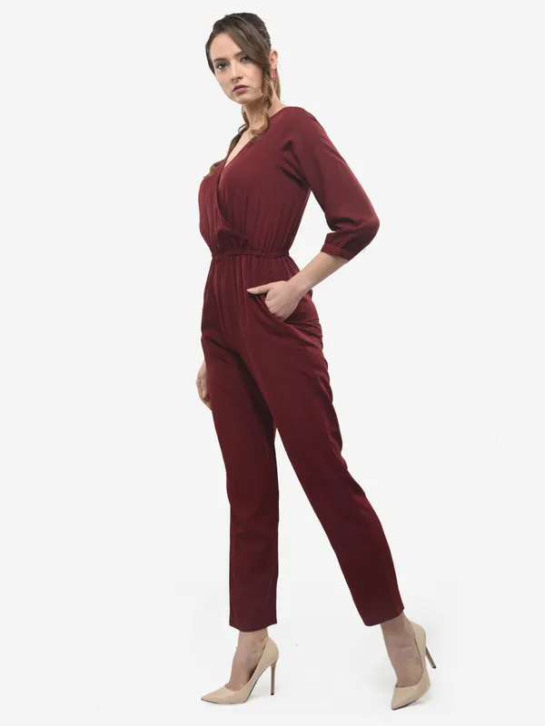 Maroon_Wrap_Design_V-Neck_Formal_3/4_Sleeves_Jumpsuit_For_Women