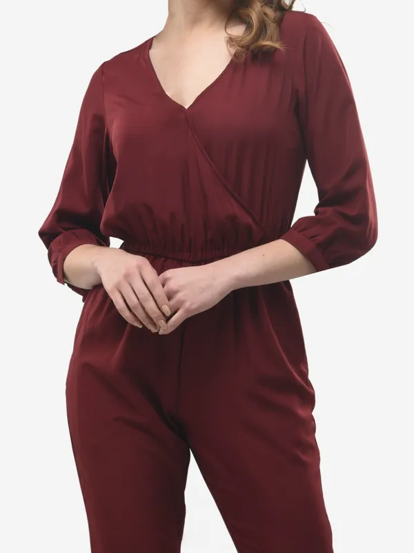Maroon_Wrap_Design_V-Neck_Formal_3/4_Sleeves_Jumpsuit_For_Women