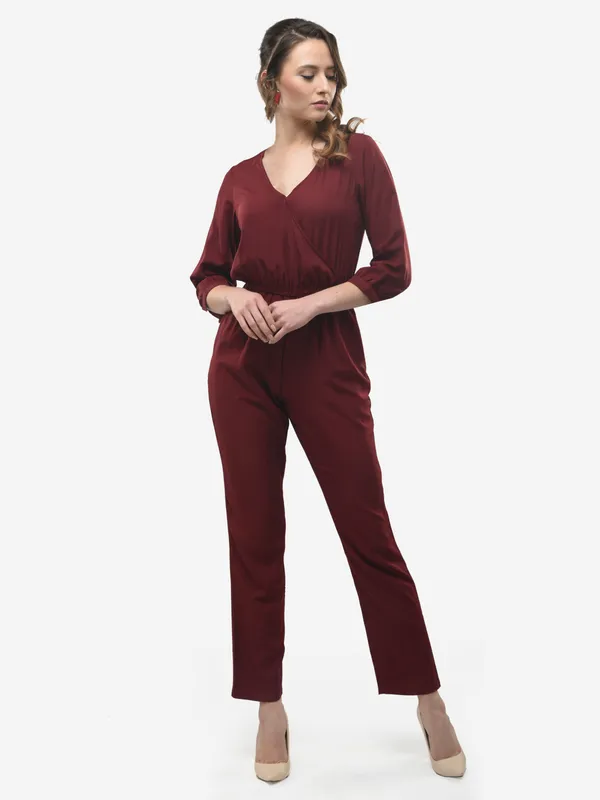Maroon_Wrap_Design_V-Neck_Formal_3/4_Sleeves_Jumpsuit_For_Women