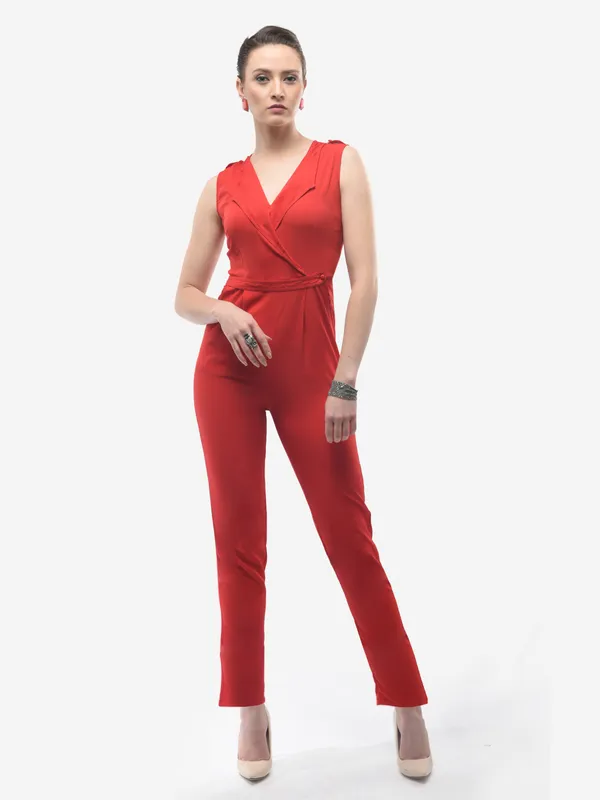 Red_Plain_Formal_Designer_Wrap_Sleeveless_Jumpsuit_With_Lapel_Collar_&_Two_Pockets