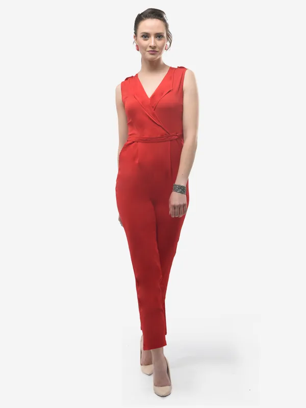 Red_Plain_Formal_Designer_Wrap_Sleeveless_Jumpsuit_With_Lapel_Collar_&_Two_Pockets