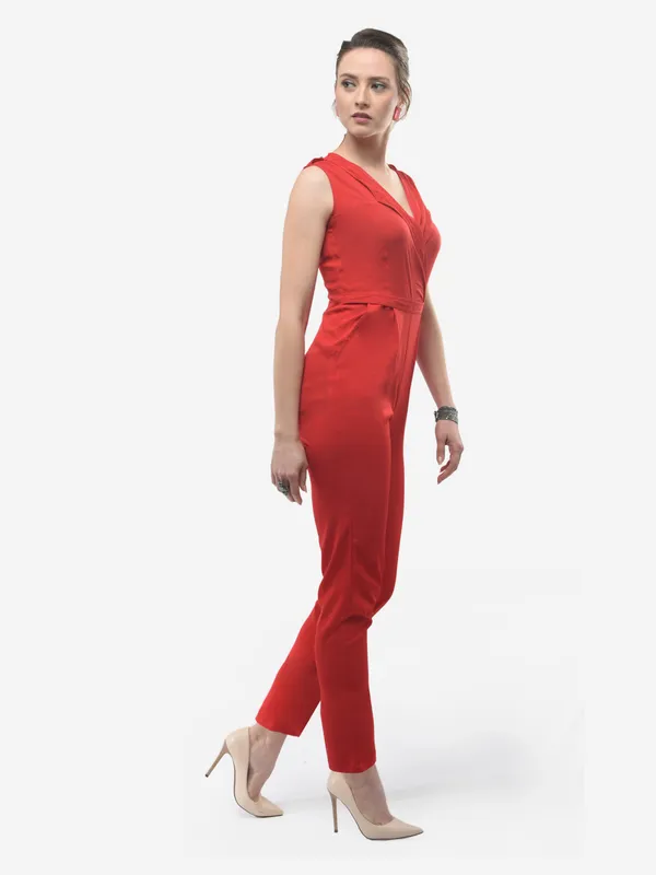 Red_Plain_Formal_Designer_Wrap_Sleeveless_Jumpsuit_With_Lapel_Collar_&_Two_Pockets