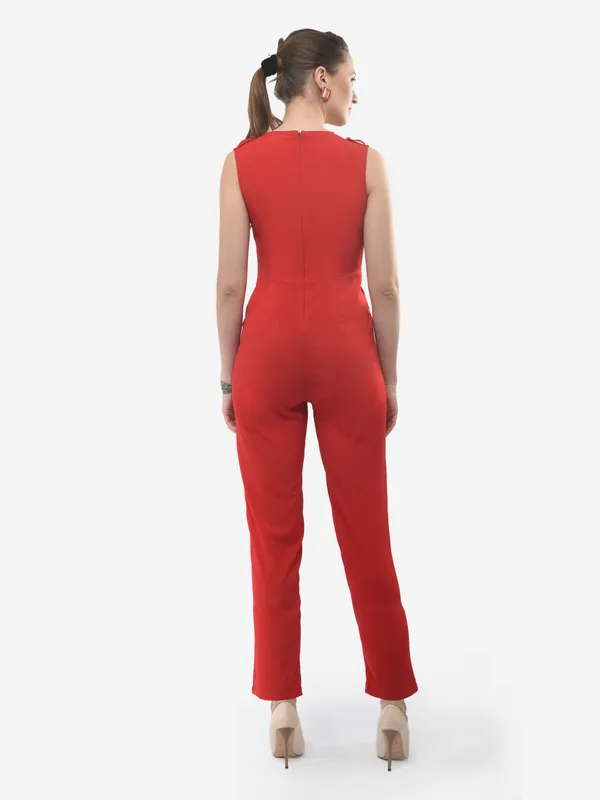Red_Plain_Formal_Designer_Wrap_Sleeveless_Jumpsuit_With_Lapel_Collar_&_Two_Pockets