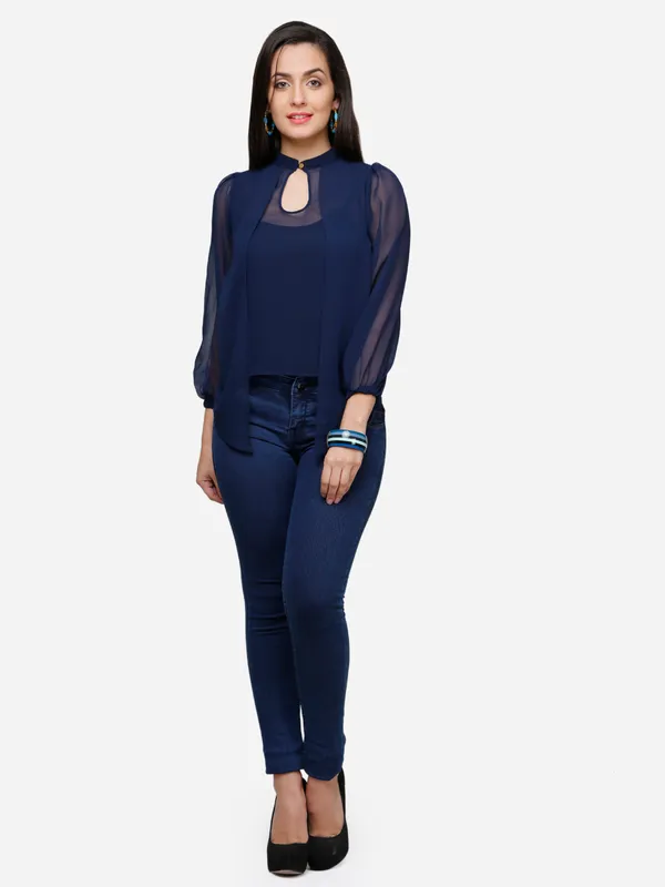 Navy_Blue_Layered_Classy_Puff_Sleeves_Ban_Collared_Georgette_Blouse_Top