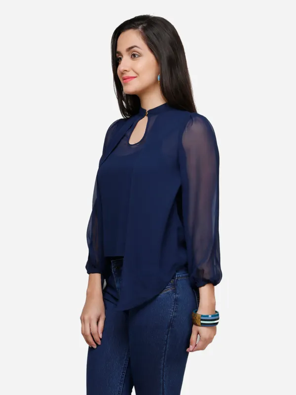 Navy_Blue_Layered_Classy_Puff_Sleeves_Ban_Collared_Georgette_Blouse_Top