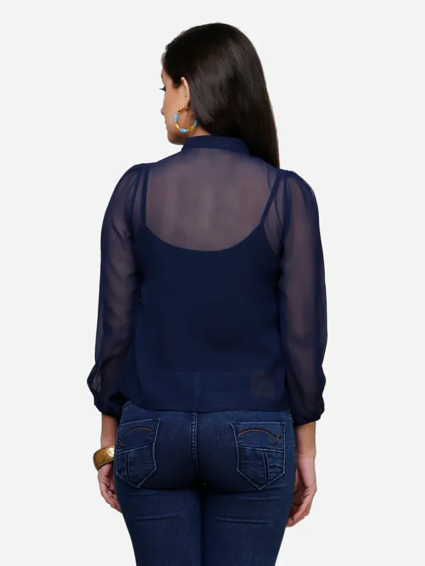 Navy_Blue_Layered_Classy_Puff_Sleeves_Ban_Collared_Georgette_Blouse_Top