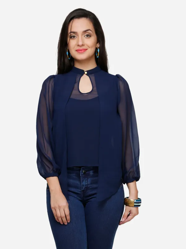 Navy_Blue_Layered_Classy_Puff_Sleeves_Ban_Collared_Georgette_Blouse_Top