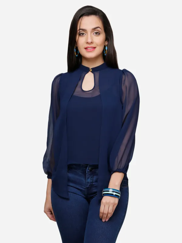 Navy_Blue_Layered_Classy_Puff_Sleeves_Ban_Collared_Georgette_Blouse_Top