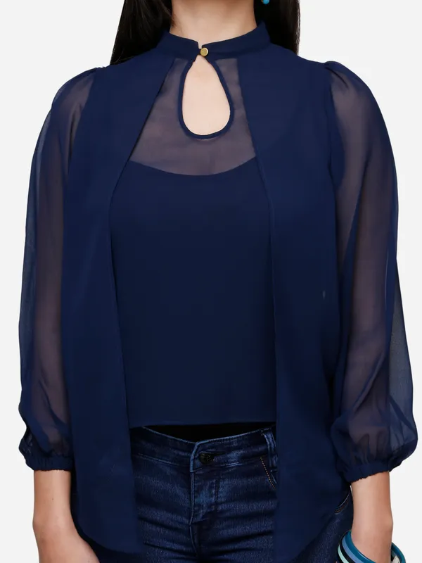 Navy_Blue_Layered_Classy_Puff_Sleeves_Ban_Collared_Georgette_Blouse_Top