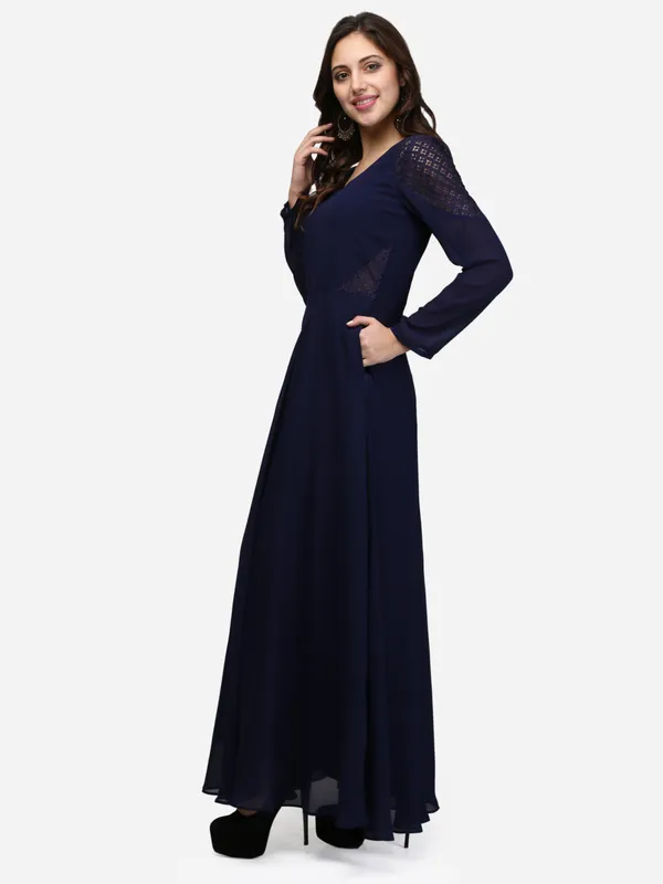 Dark_Navy_Blue_Full_Sleeves_V-Neck_Indo_Western_Flared_Party_Wear_Gown_With_Pockets