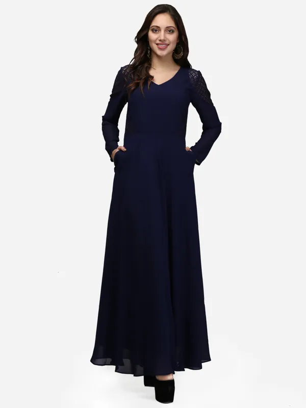 Dark_Navy_Blue_Full_Sleeves_V-Neck_Indo_Western_Flared_Party_Wear_Gown_With_Pockets