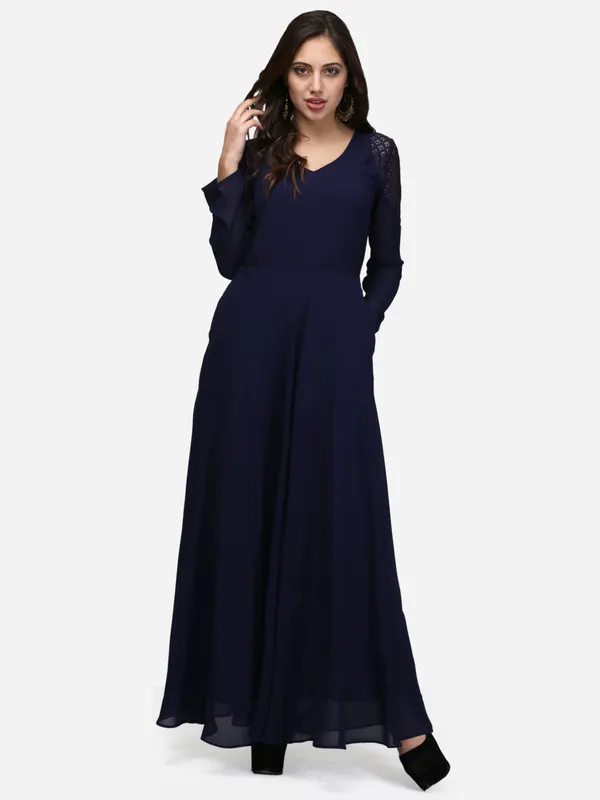 Dark_Navy_Blue_Full_Sleeves_V-Neck_Indo_Western_Flared_Party_Wear_Gown_With_Pockets
