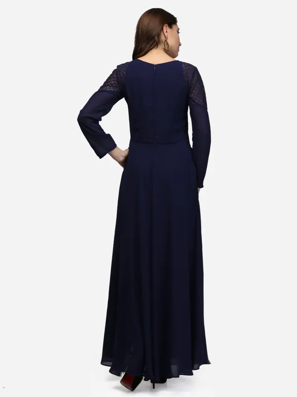 Dark_Navy_Blue_Full_Sleeves_V-Neck_Indo_Western_Flared_Party_Wear_Gown_With_Pockets