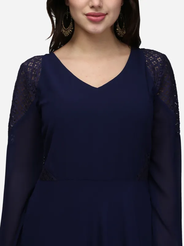Dark_Navy_Blue_Full_Sleeves_V-Neck_Indo_Western_Flared_Party_Wear_Gown_With_Pockets
