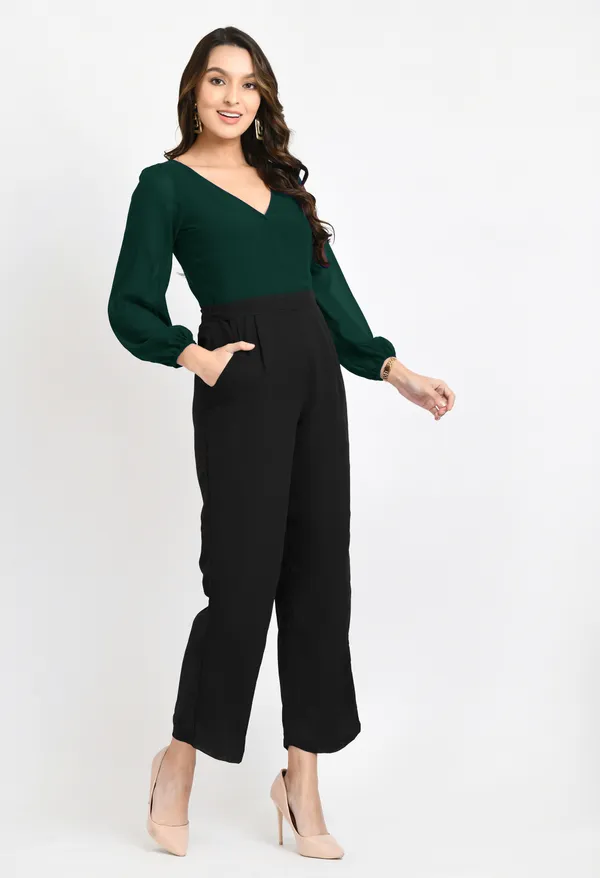 V&M_Green_And_Black_Color_Block_V-Neck_Jumpsuit_For_Women