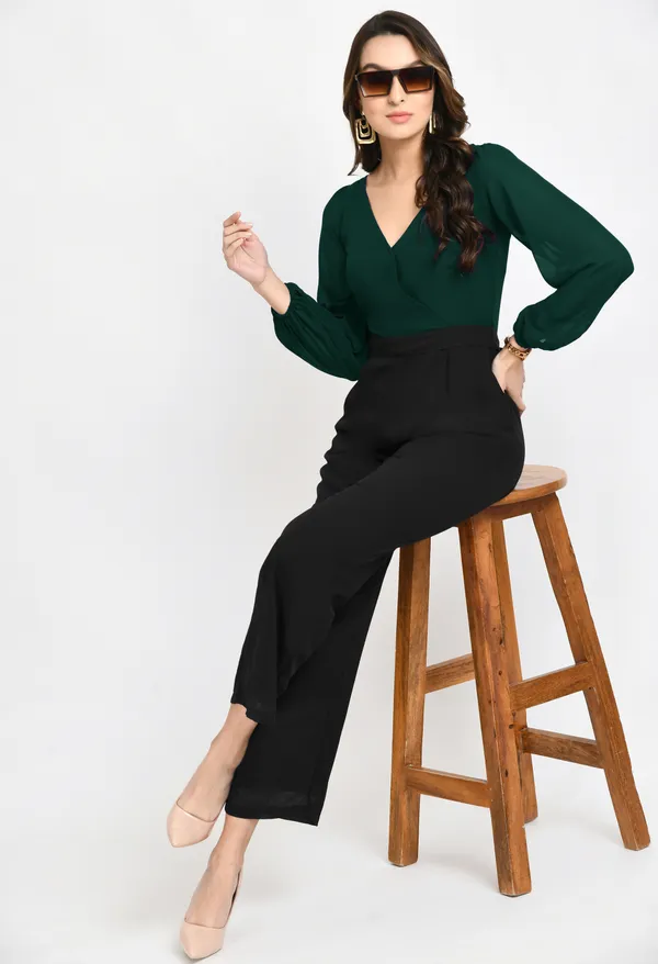 V&M_Green_And_Black_Color_Block_V-Neck_Jumpsuit_For_Women