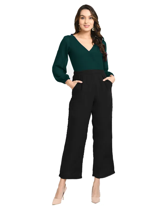 V&M_Green_And_Black_Color_Block_V-Neck_Jumpsuit_For_Women