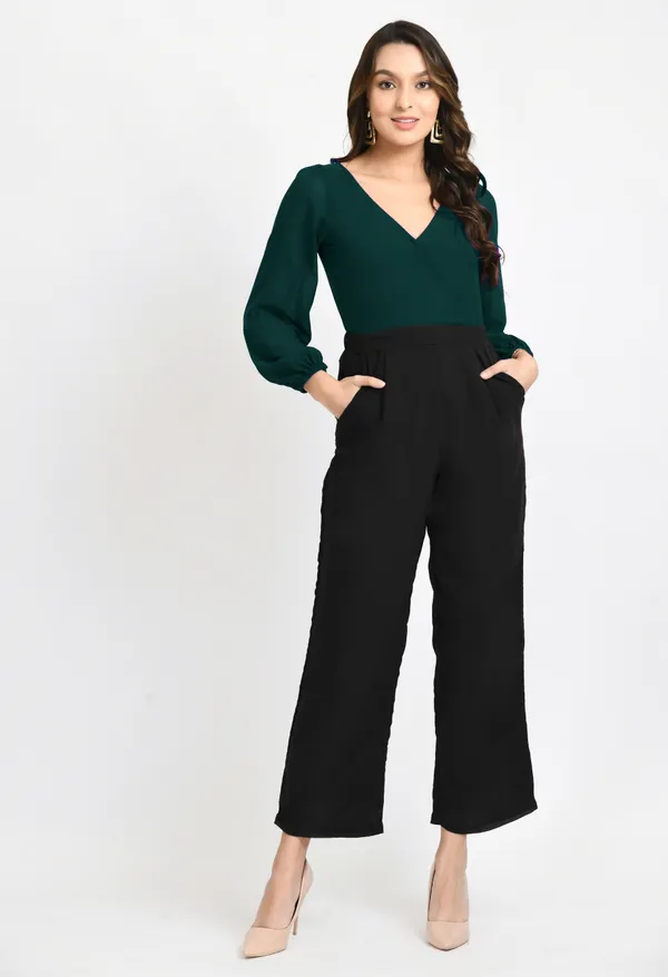 V&M_Green_And_Black_Color_Block_V-Neck_Jumpsuit_For_Women