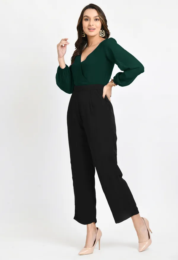 V&M_Green_And_Black_Color_Block_V-Neck_Jumpsuit_For_Women