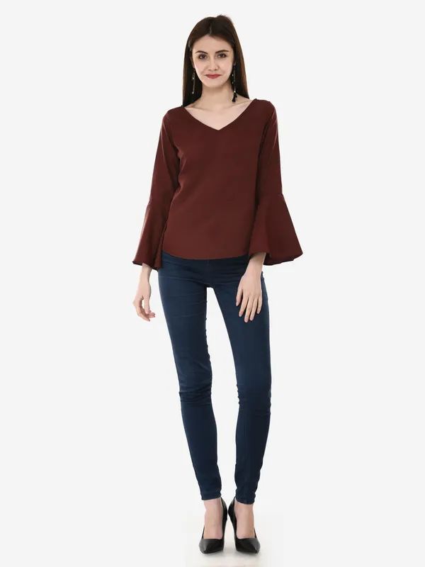 Brown_V-Neck_Full_Sleeves_Top_For_Women