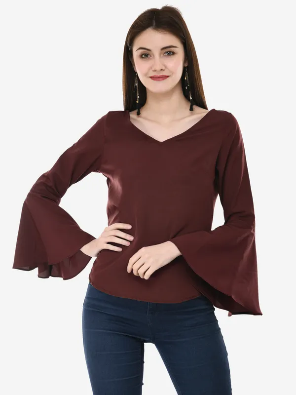 Brown_V-Neck_Full_Sleeves_Top_For_Women