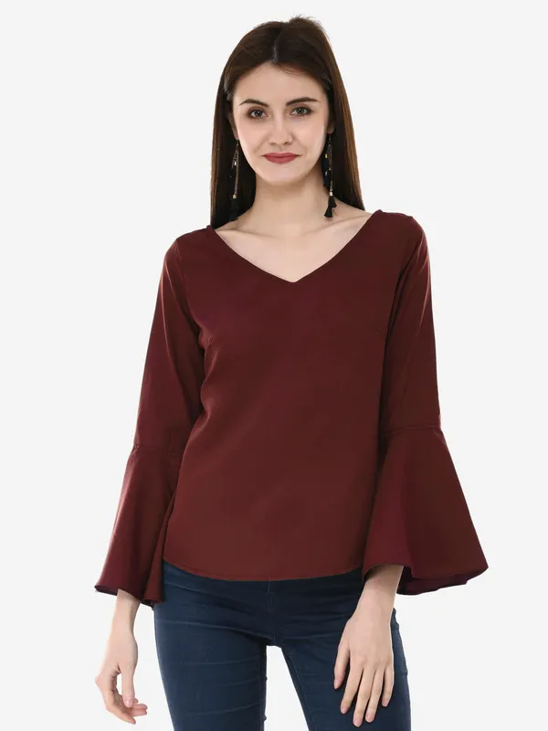 Brown_V-Neck_Full_Sleeves_Top_For_Women