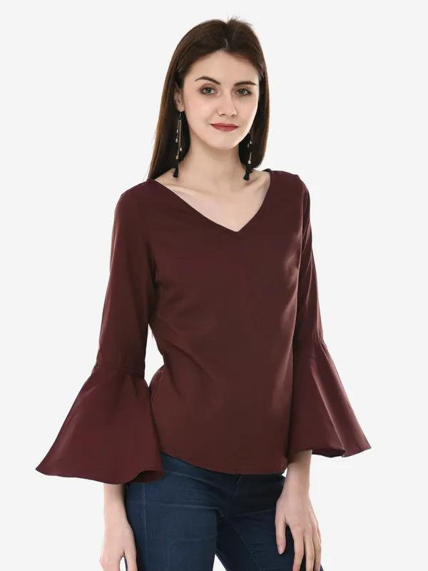 Brown_V-Neck_Full_Sleeves_Top_For_Women