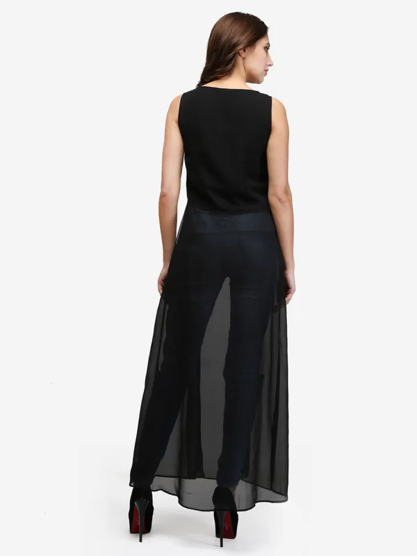 Black_Casual_Scoop_Neck_Sleeveless_Solid_Front_Split_Maxi_Tunic_Top_Dress_With_Front_Zipper