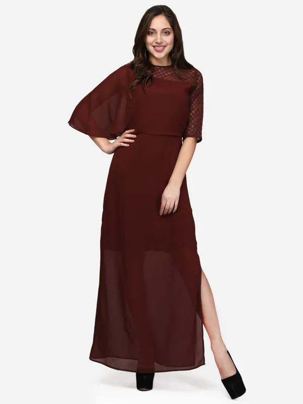Dark_Brown_Designer_Georgette_One_Shoulder_Flared_Sleeves_Side_Slit_Long_Party_Wear_Maxi_Dress_For_Women