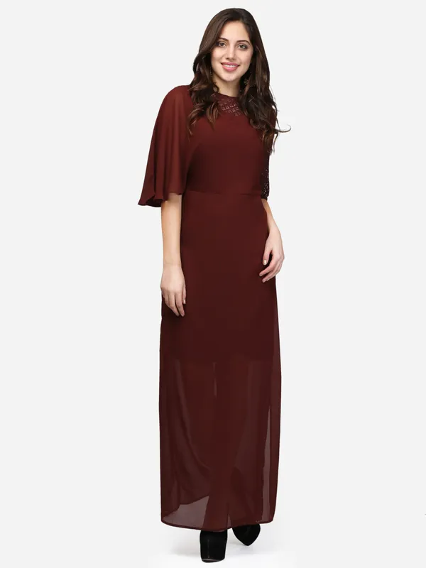 Dark_Brown_Designer_Georgette_One_Shoulder_Flared_Sleeves_Side_Slit_Long_Party_Wear_Maxi_Dress_For_Women