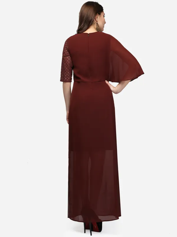 Dark_Brown_Designer_Georgette_One_Shoulder_Flared_Sleeves_Side_Slit_Long_Party_Wear_Maxi_Dress_For_Women