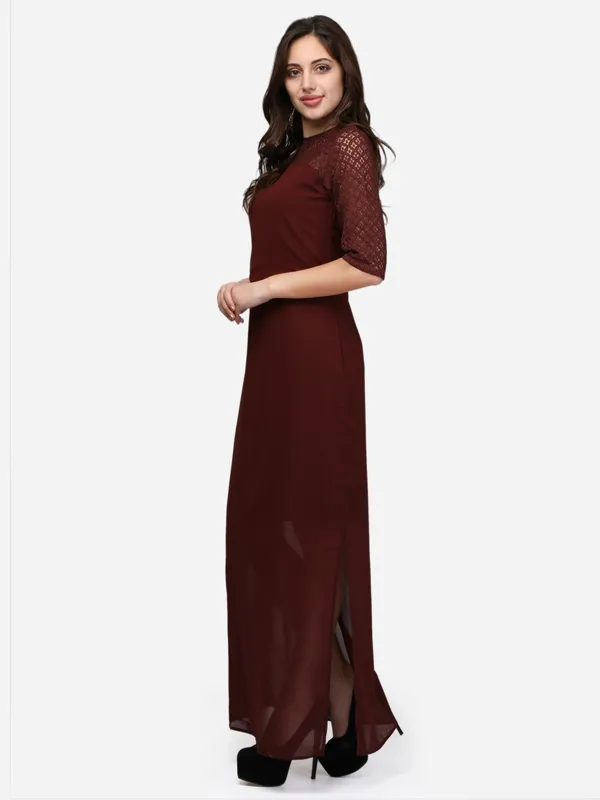 Dark_Brown_Designer_Georgette_One_Shoulder_Flared_Sleeves_Side_Slit_Long_Party_Wear_Maxi_Dress_For_Women