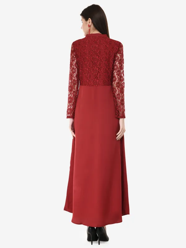 Maroon_Lace_Empire_Waist_Front_Button_Design_A-Line_Long_Indo_Western_Dress_For_Women