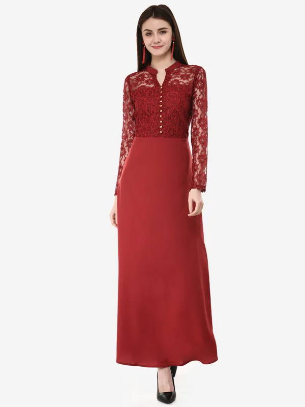 Maroon_Lace_Empire_Waist_Front_Button_Design_A-Line_Long_Indo_Western_Dress_For_Women