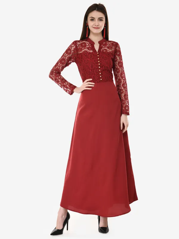 Maroon_Lace_Empire_Waist_Front_Button_Design_A-Line_Long_Indo_Western_Dress_For_Women