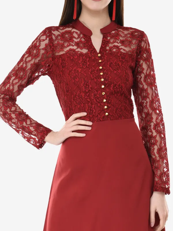 Maroon_Lace_Empire_Waist_Front_Button_Design_A-Line_Long_Indo_Western_Dress_For_Women
