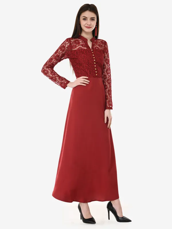 Maroon_Lace_Empire_Waist_Front_Button_Design_A-Line_Long_Indo_Western_Dress_For_Women