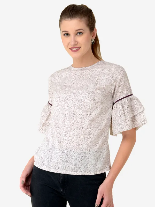 Off_White_Small_Dot_Printed_Frill_Sleeves_3/4_Sleeves_Casual_Top_For_Women