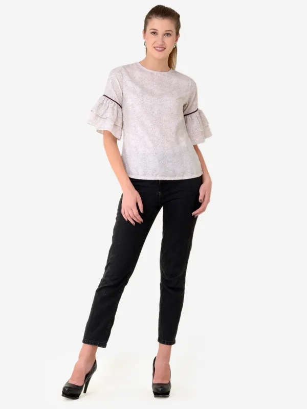 Off_White_Small_Dot_Printed_Frill_Sleeves_3/4_Sleeves_Casual_Top_For_Women