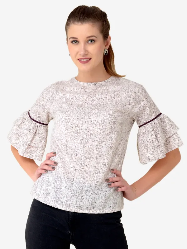 Off_White_Small_Dot_Printed_Frill_Sleeves_3/4_Sleeves_Casual_Top_For_Women