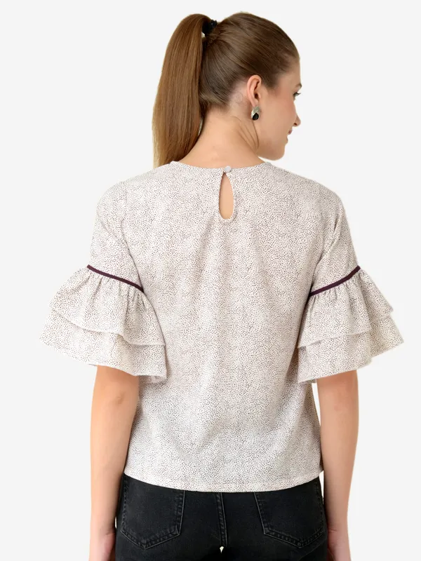 Off_White_Small_Dot_Printed_Frill_Sleeves_3/4_Sleeves_Casual_Top_For_Women