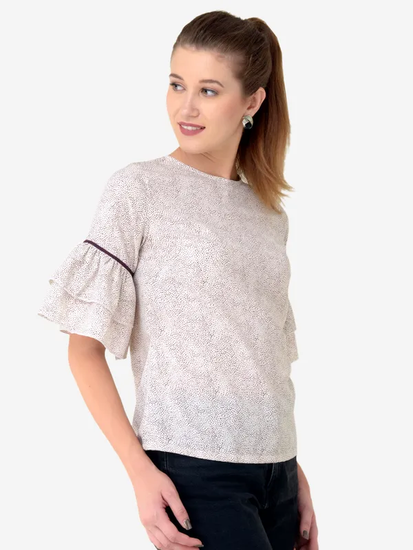 Off_White_Small_Dot_Printed_Frill_Sleeves_3/4_Sleeves_Casual_Top_For_Women