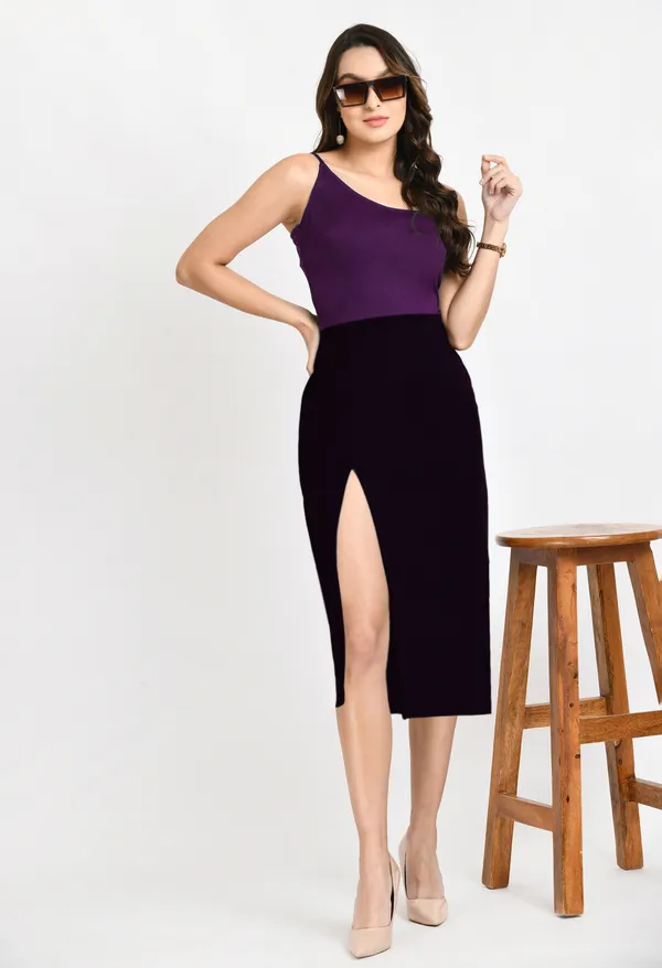 V&M_Purple_And_Black_Color_Block_Front_Slit_dress_For_Women