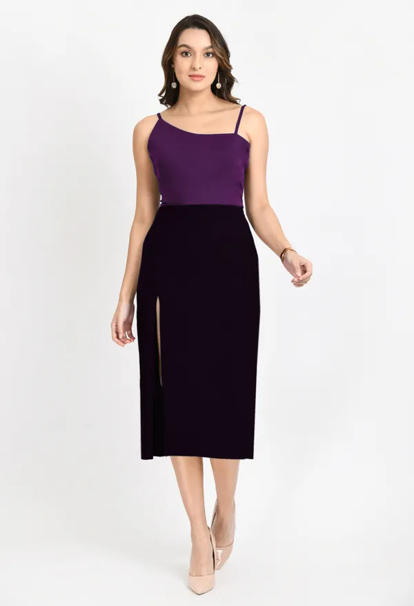 V&M_Purple_And_Black_Color_Block_Front_Slit_dress_For_Women