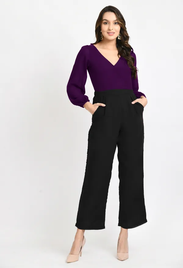 V&M_Purple_And_Black_Color_Block_V-Neck_Jumpsuit_For_Women