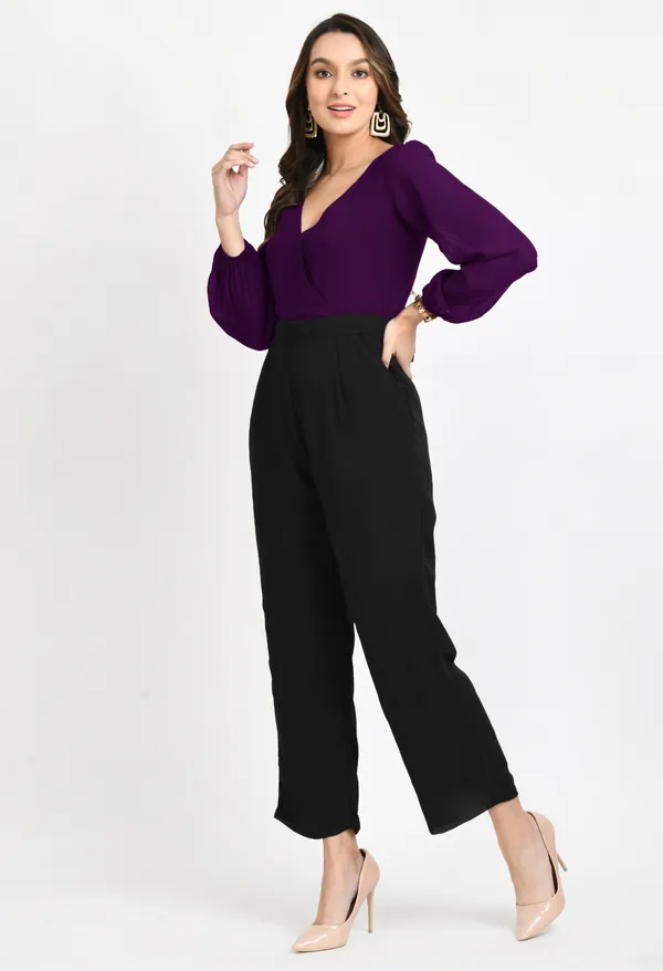 V&M_Purple_And_Black_Color_Block_V-Neck_Jumpsuit_For_Women
